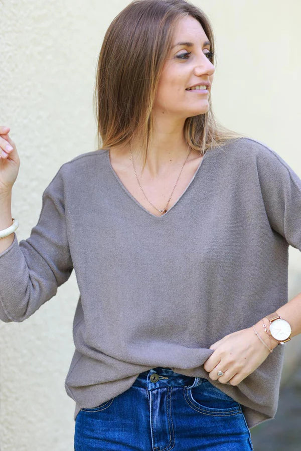 Taupe ultra-soft, Viscose Blend V-Neck Sweater