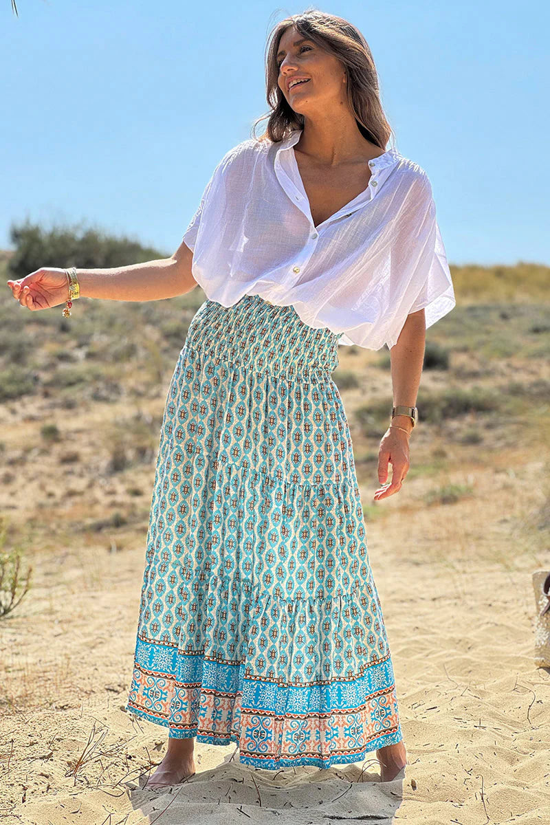 Turquoise Batik Print Boho Skirt
