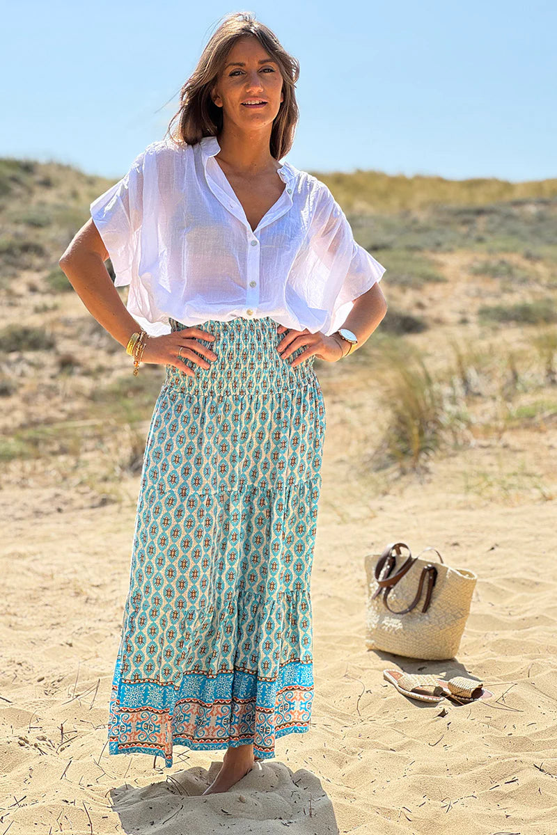 Turquoise Batik Print Boho Skirt