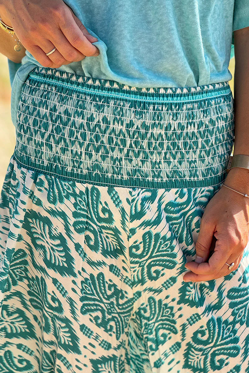 Turquoise Batik Scroll Wide-Leg Pants