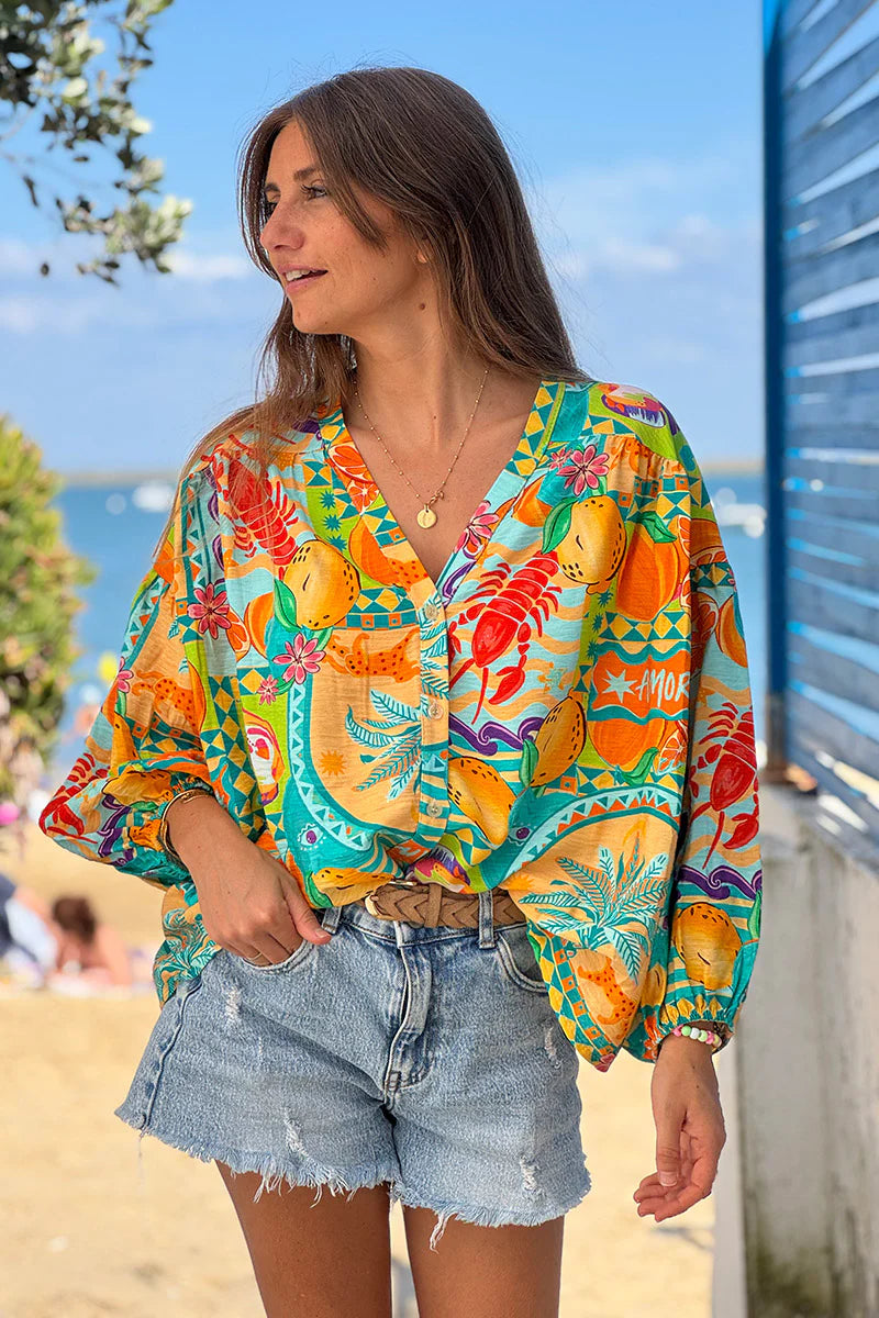 Turquoise Citrus Splash Tropical Print Blouse