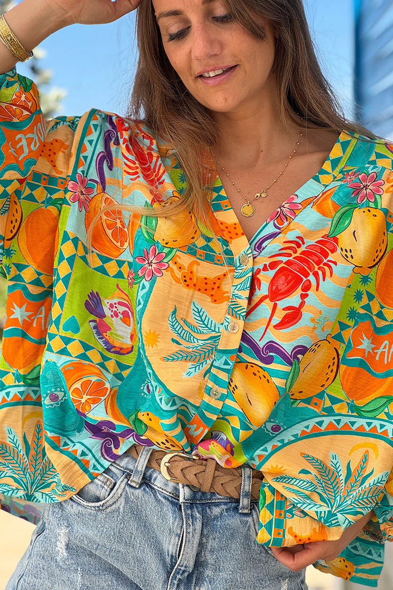 Turquoise Citrus Splash Tropical Print Blouse