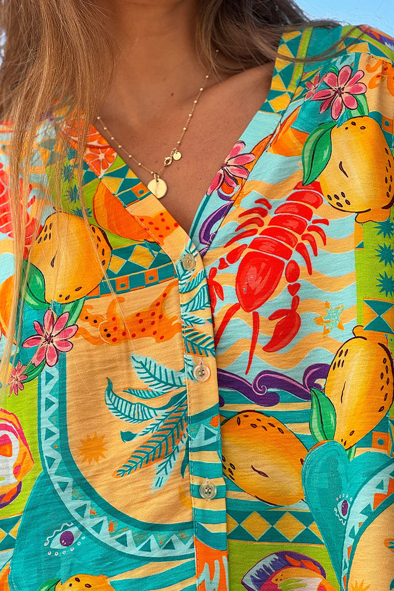 Turquoise Citrus Splash Tropical Print Blouse