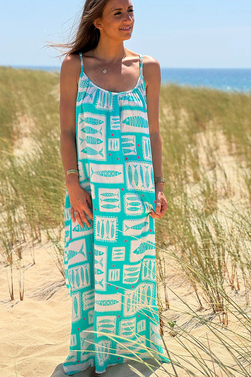Turquoise Fish Square Print Maxi Dress
