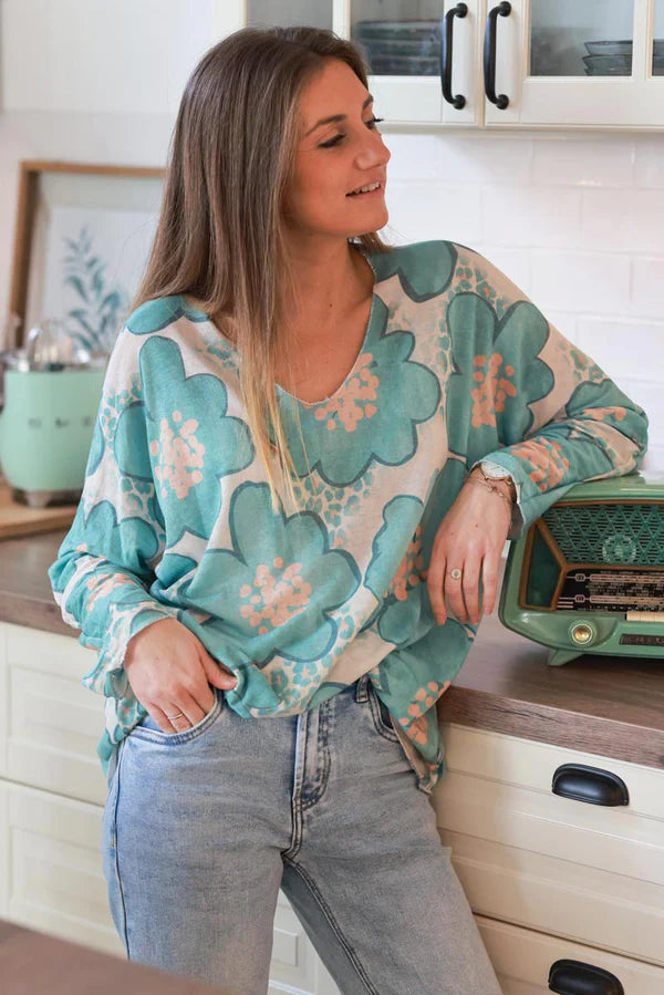 Turquoise Floral and Leopard ¾-Sleeve Slouchy Top