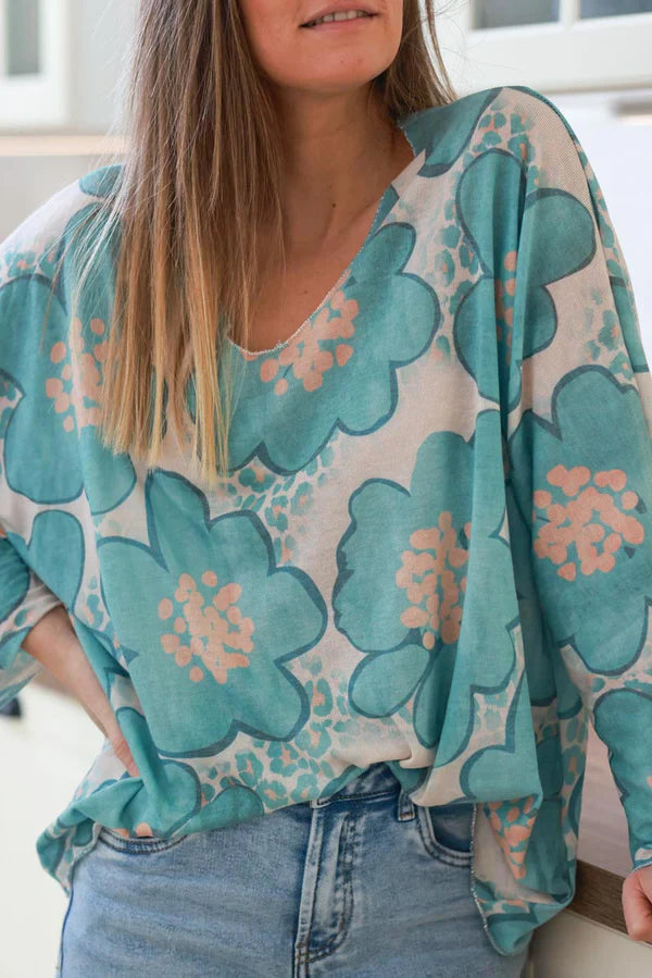 Turquoise Floral and Leopard ¾-Sleeve Slouchy Top