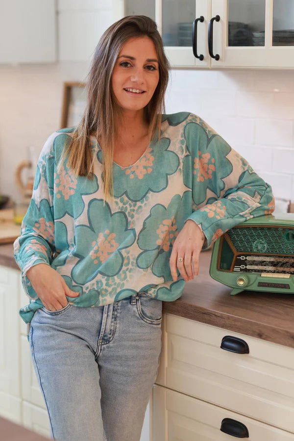 Turquoise Floral and Leopard ¾-Sleeve Slouchy Top