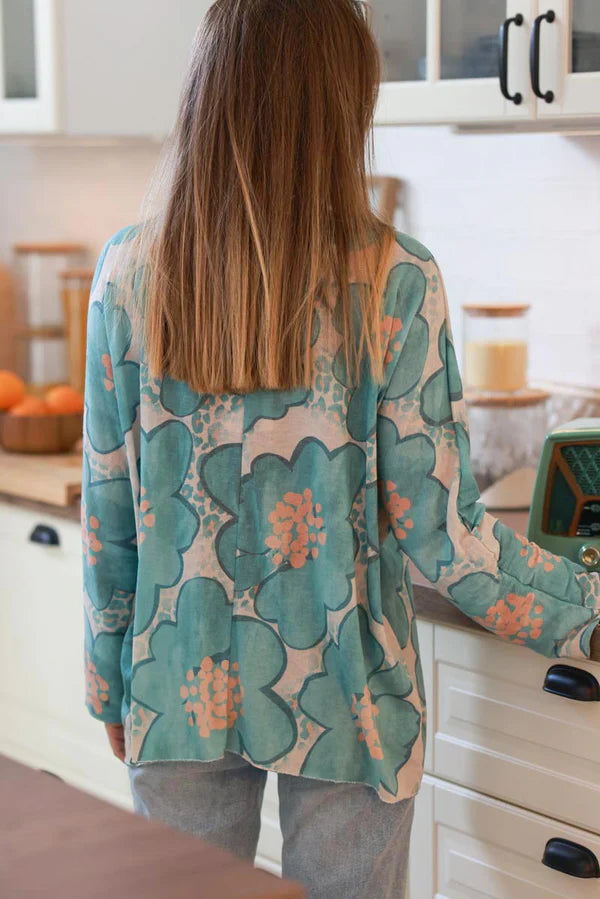 Turquoise Floral and Leopard ¾-Sleeve Slouchy Top