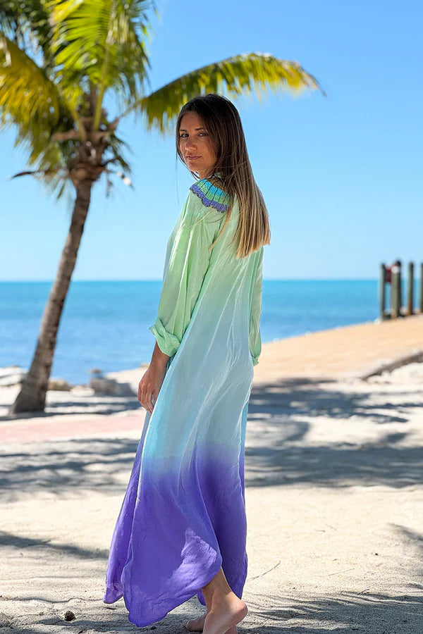 Turquoise and Purple Ombre Peacock Maxi Dress