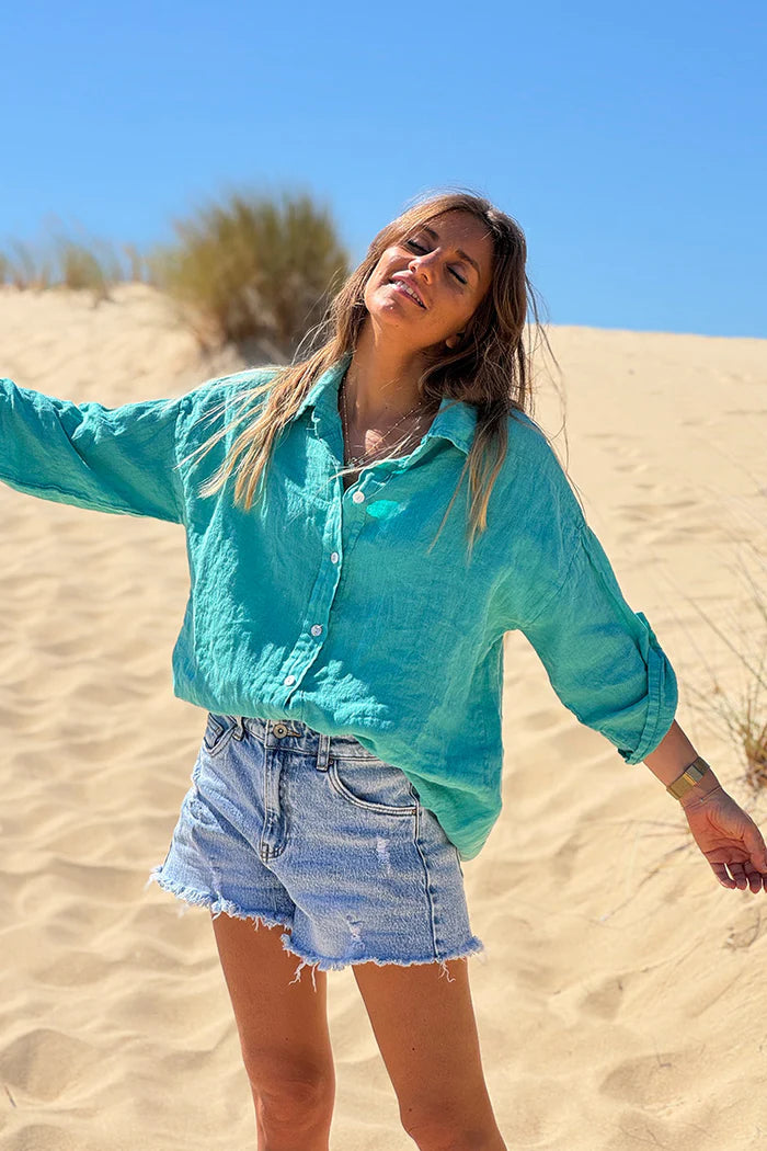 Turquoise Roll-Cuff Button-Down Blouse