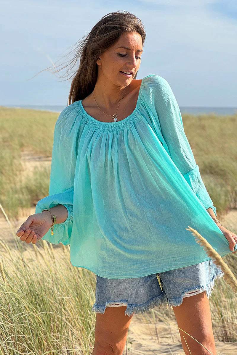 Turquoise Shirred Cotton Peasant Blouse