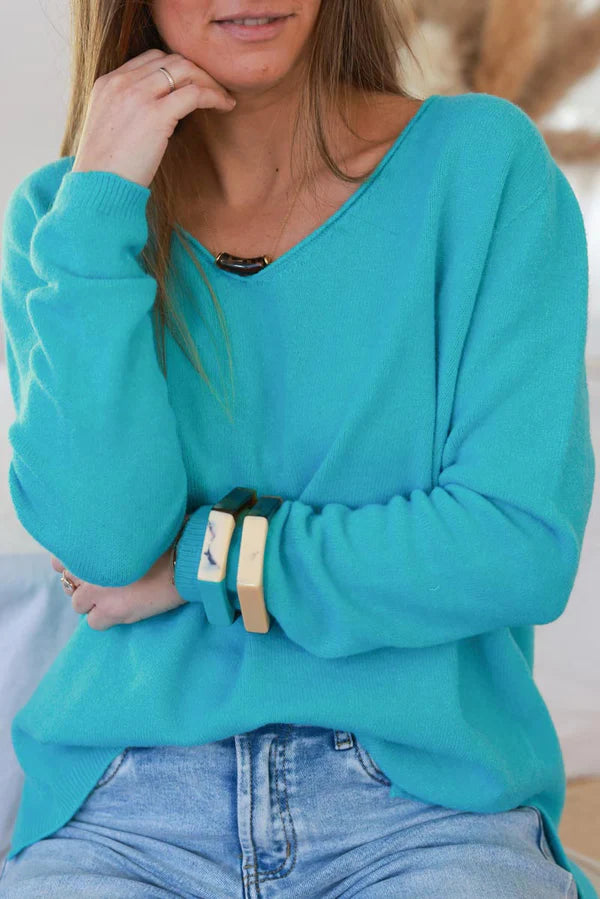 Turquoise Soft Basic V-neck Sweater