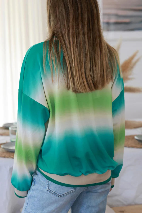 Turquoise Tie-Dye Stripe Long-Sleeve Jersey Knit Tee