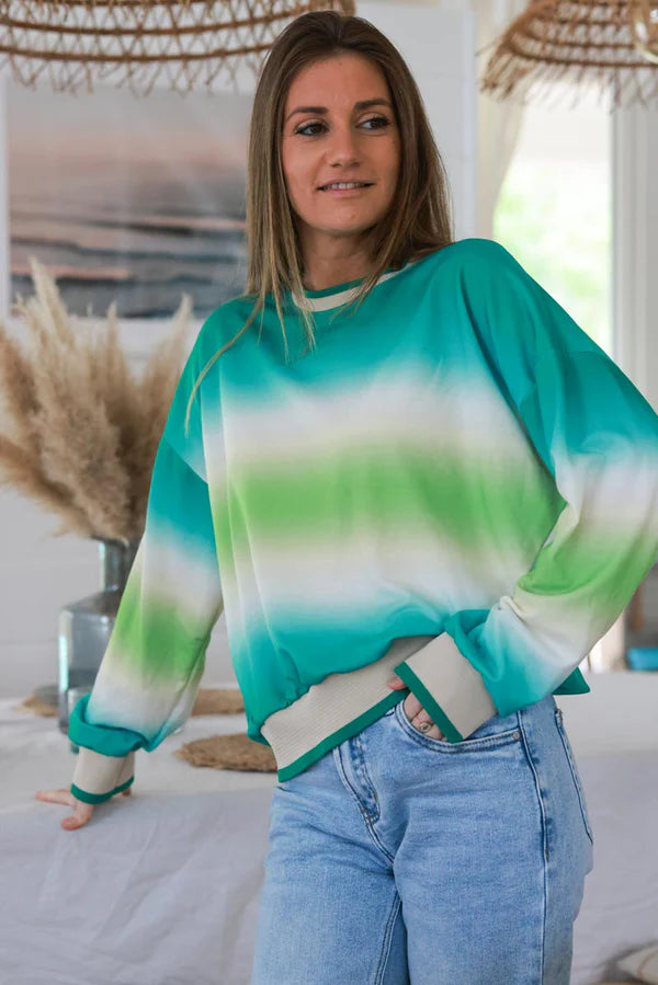 Turquoise Tie-Dye Stripe Long-Sleeve Jersey Knit Tee