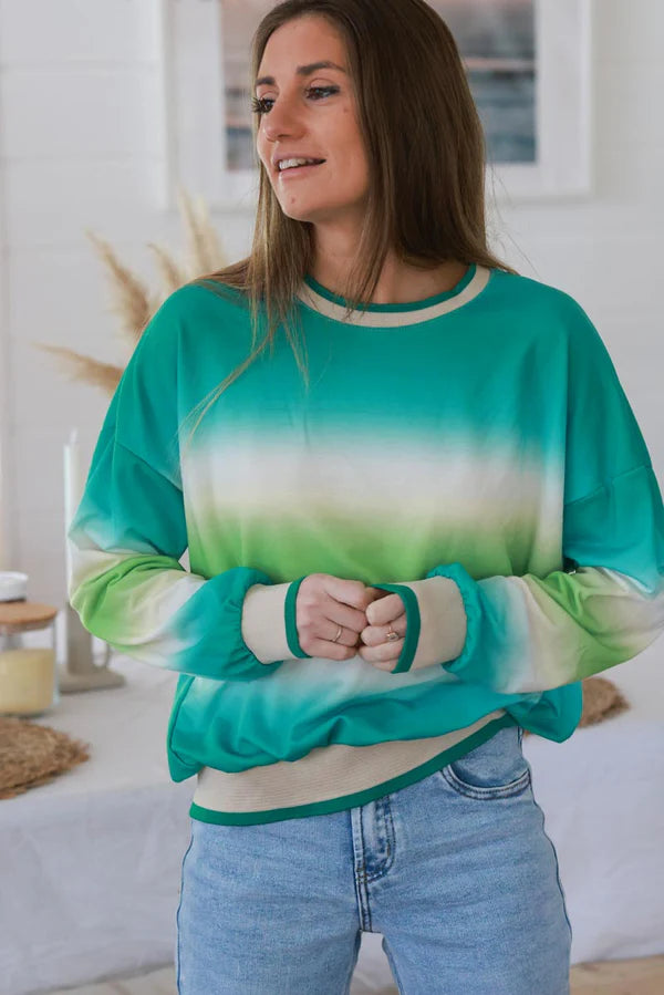 Turquoise Tie-Dye Stripe Long-Sleeve Jersey Knit Tee