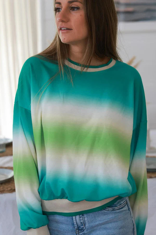 Turquoise Tie-Dye Stripe Long-Sleeve Jersey Knit Tee