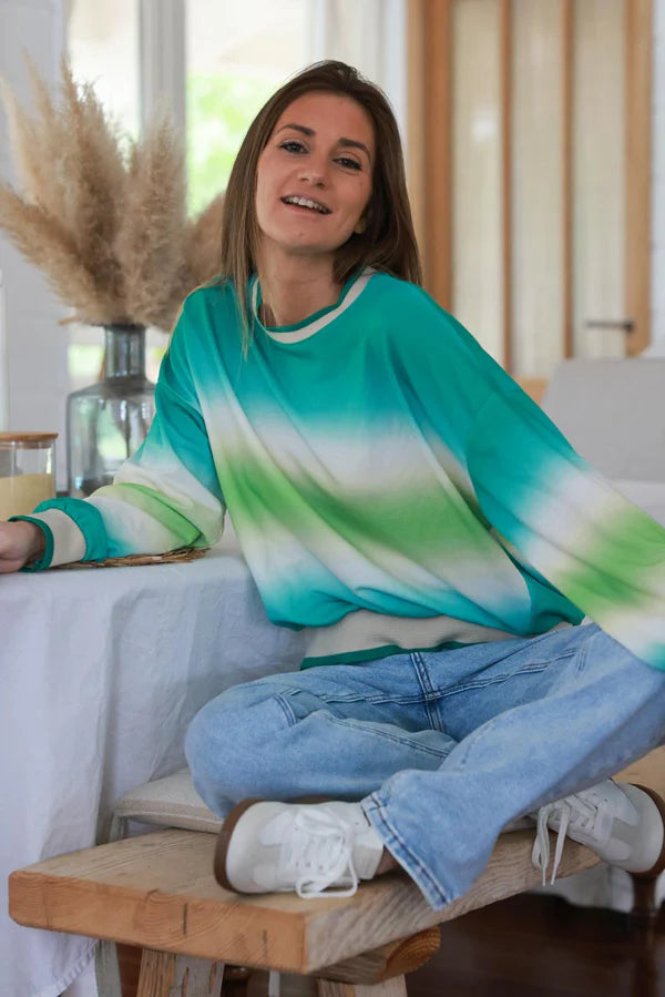 Turquoise Tie-Dye Stripe Long-Sleeve Jersey Knit Tee