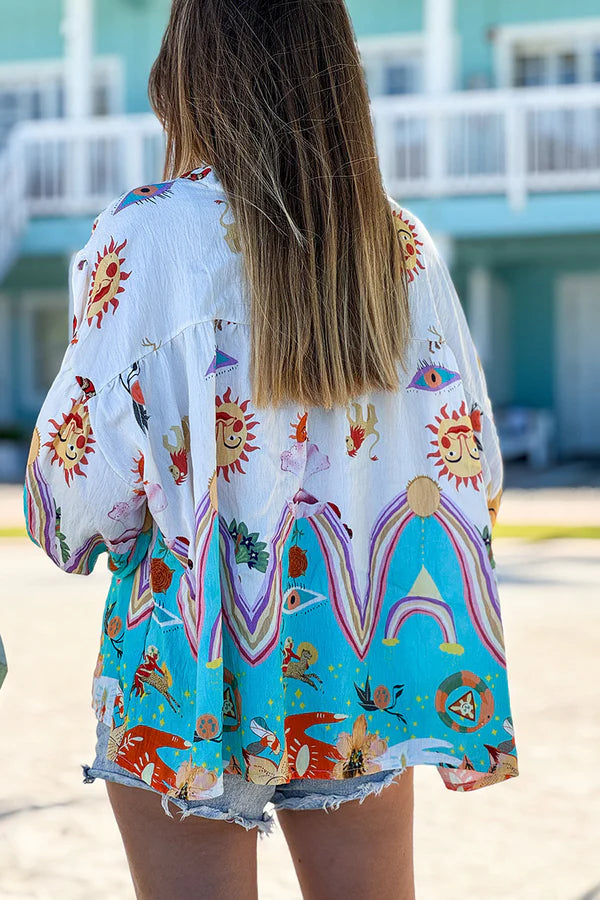 Turquoise and White Animal Parade Silky Button-Down Blouse