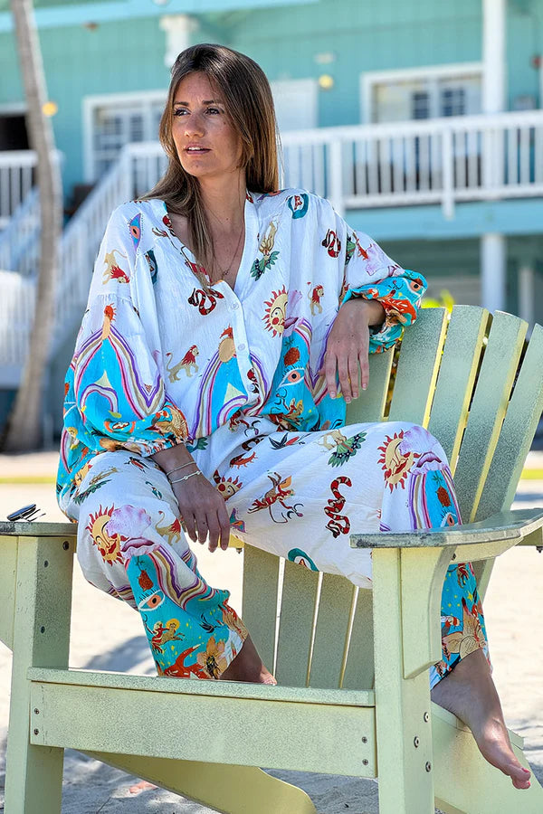 Turquoise and White Animal Parade Silky Button-Down Blouse