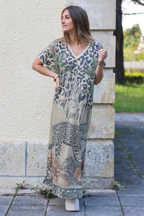 V-Neck Jungle Print Caftan Dress