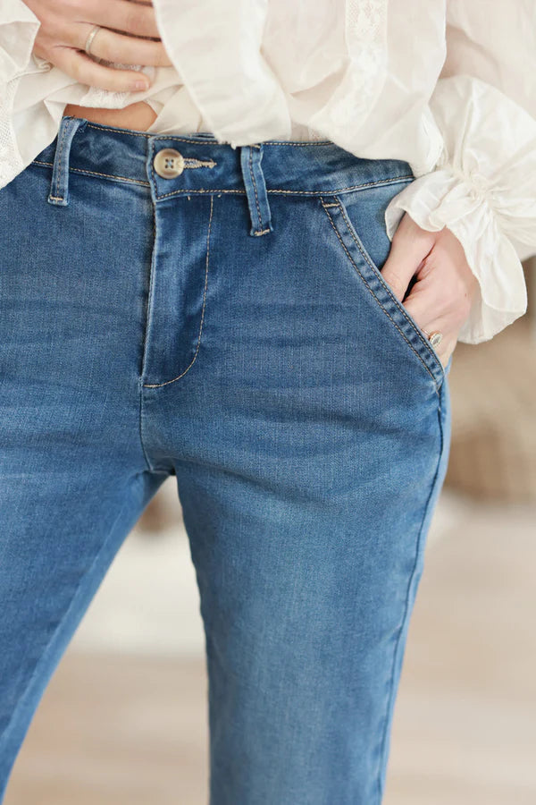 Washed denim jean stretch chino pants with tortoise shell buttons