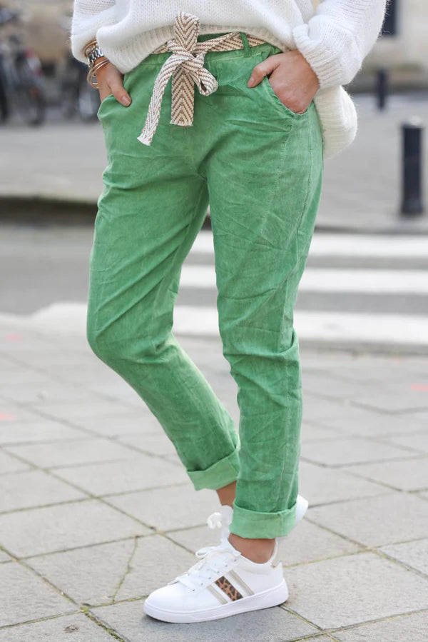 Washed green pants comfort and stretch canvas woven belt