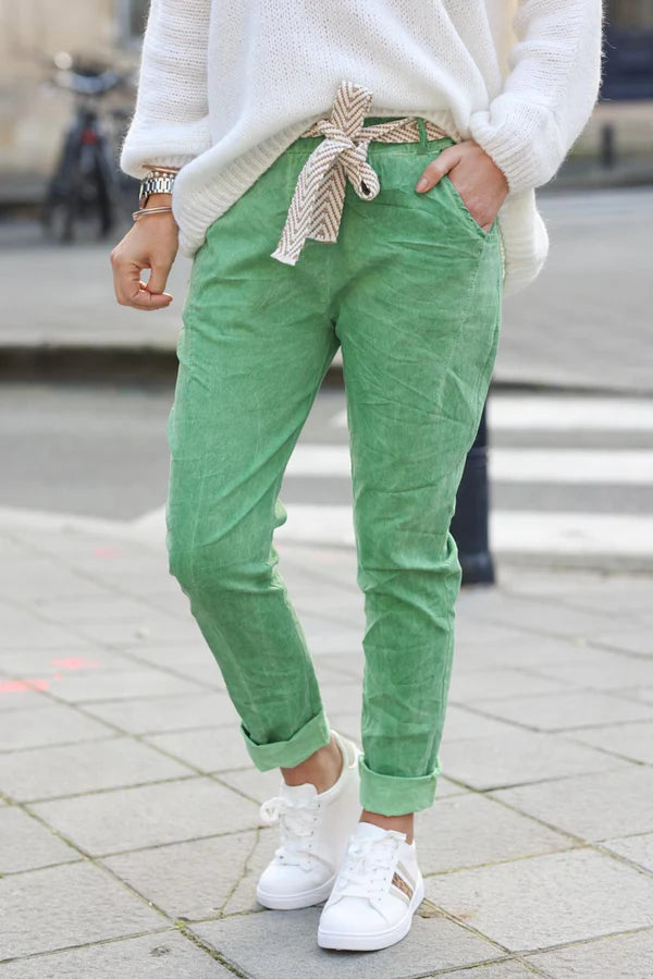 Washed green pants comfort and stretch canvas woven belt