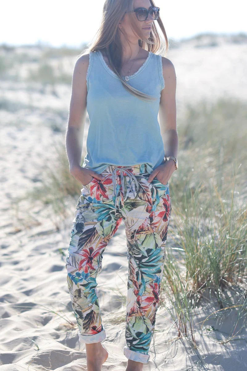 Water green cotton tank top with fringes