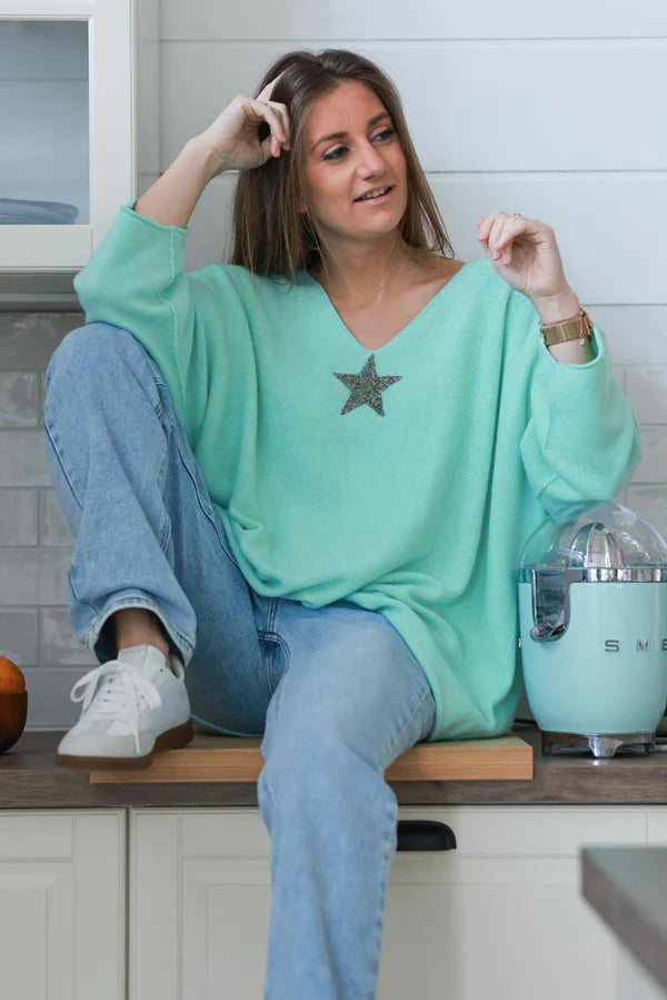 Water Green Oversized Super Soft Sweater with Silver Rhinestone Star