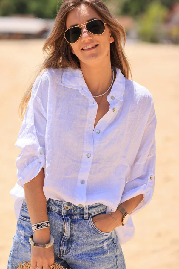 White 3/4 length sleeve floaty linen shirt