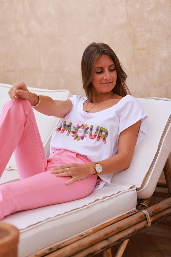 White AMOUR Beaded Cap-Sleeve Tee