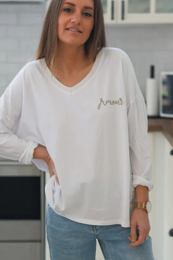 White “Amour” Long-Sleeve V-Neck Tee