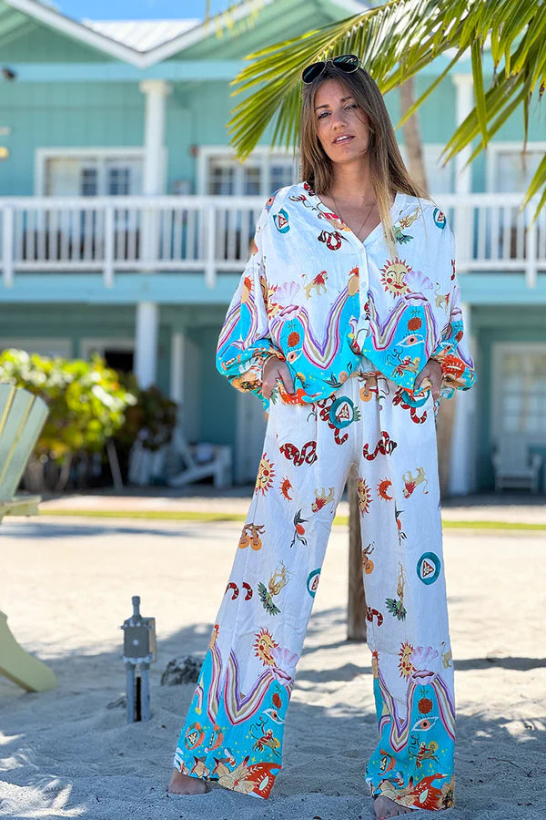 Turquoise Animal Parade Silky Palazzo Pants