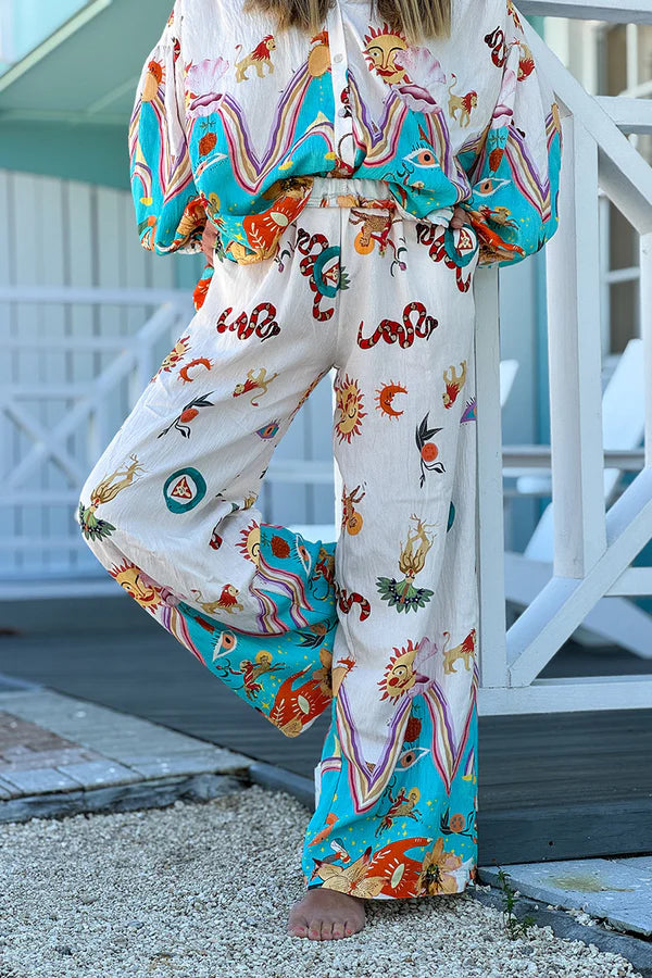 Turquoise Animal Parade Silky Palazzo Pants