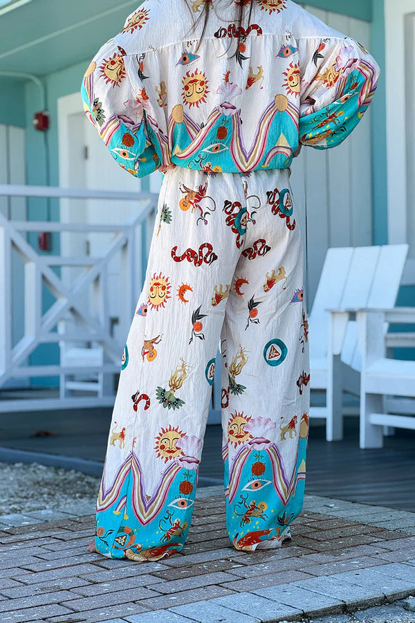 Turquoise Animal Parade Silky Palazzo Pants