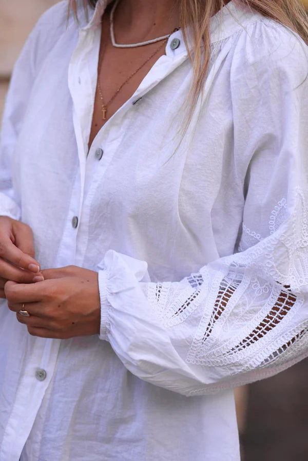 White Blouse with Open Crochet Sleeves