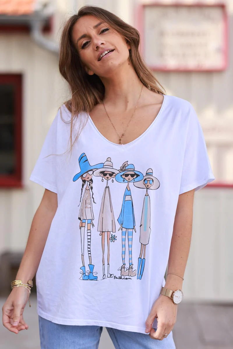 White Blue “Vacation Girlfriends” V-Neck Tee