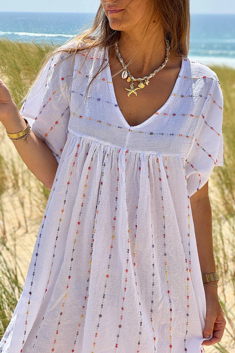 White Boucle Stripe Gauze Dress