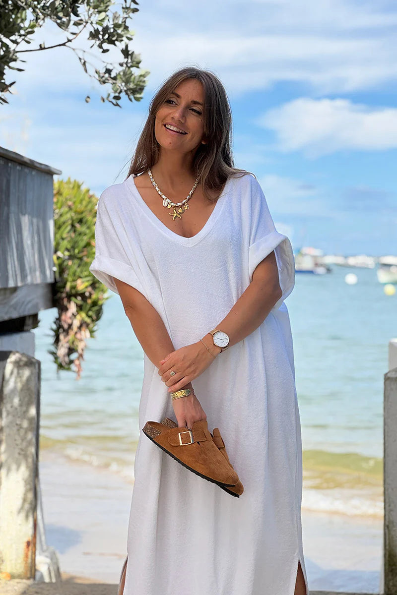 White Brushed Terry V-Neck Maxi Dress