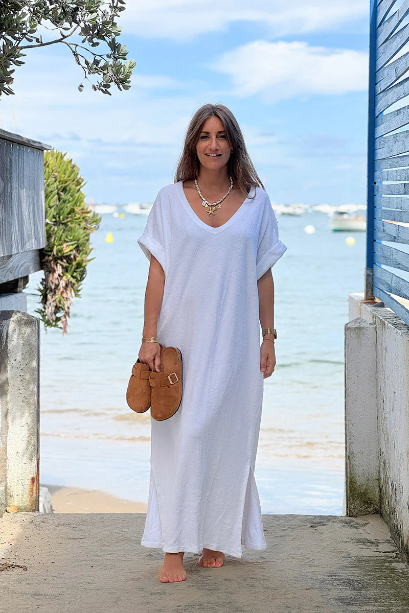 White Brushed Terry V-Neck Maxi Dress
