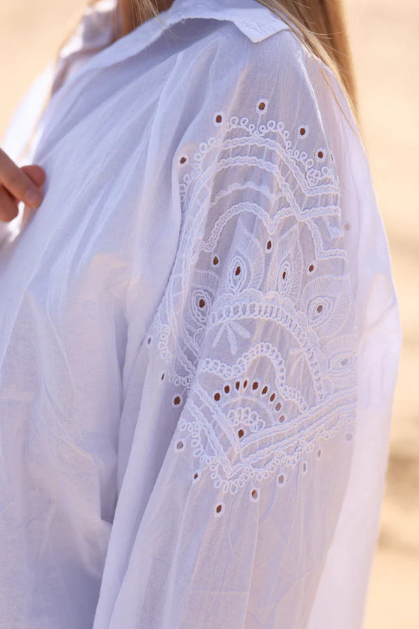 White cotton blouse with shoulder heart embroidery