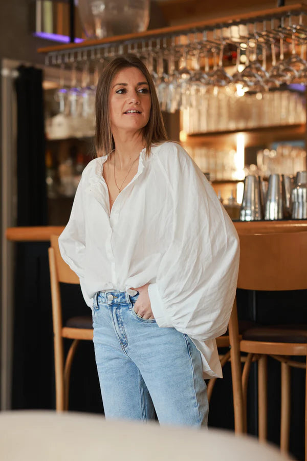 White Cotton Button-Down Peasant Blouse