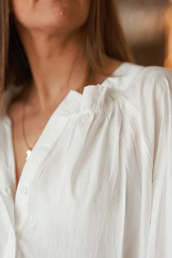 White Cotton Button-Down Peasant Blouse