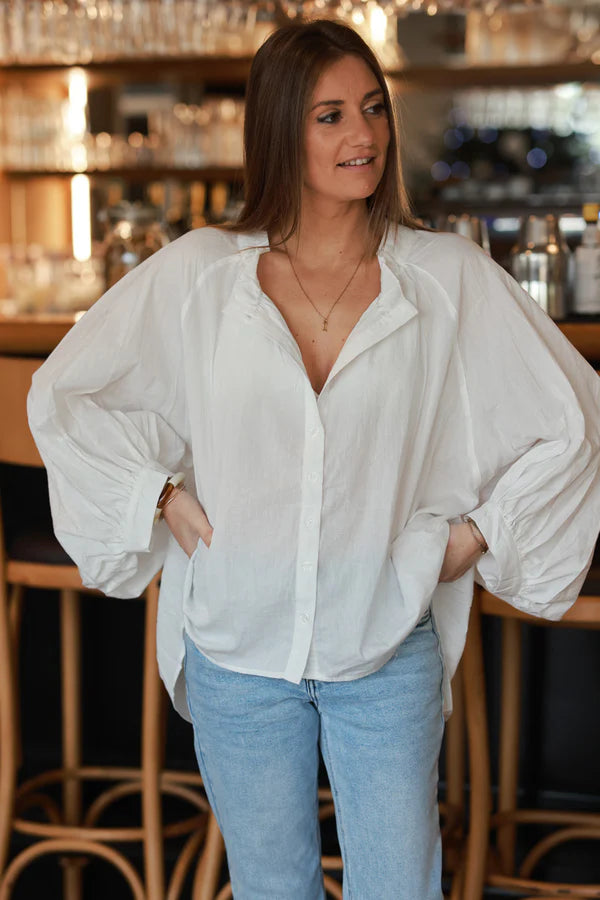 White Cotton Button-Down Peasant Blouse