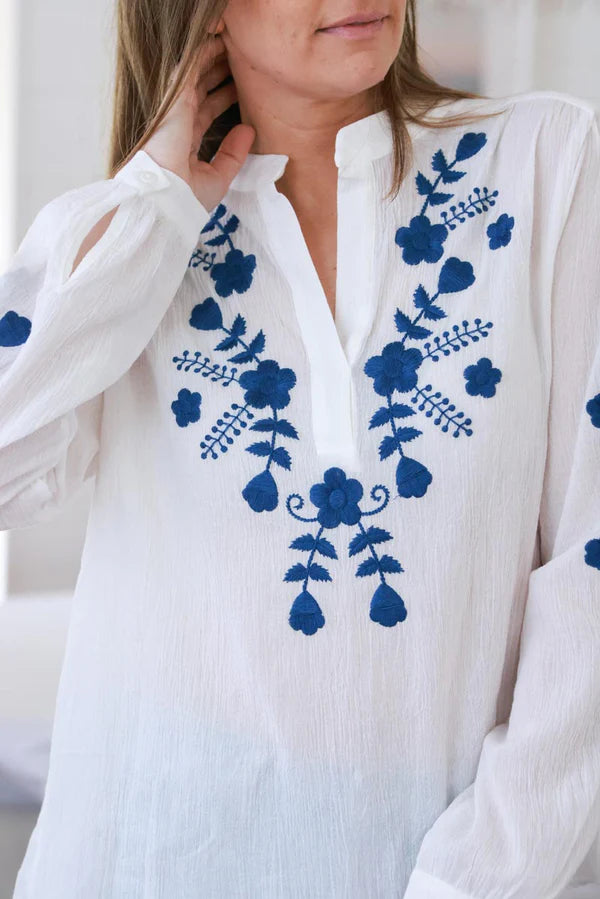 White Cotton Embroidered Peasant Blouse