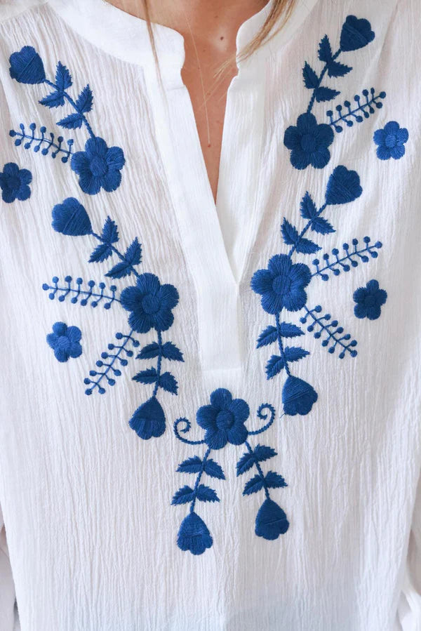 White Cotton Embroidered Peasant Blouse