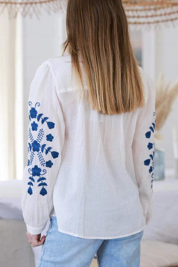 White Cotton Embroidered Peasant Blouse