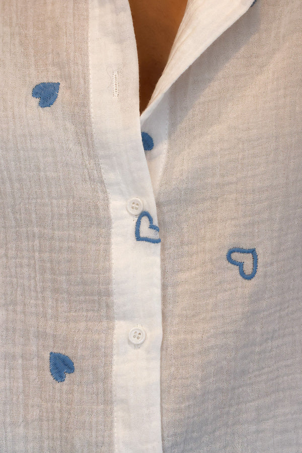 White Cotton Gauze Blue Embroidered Hearts Blouse