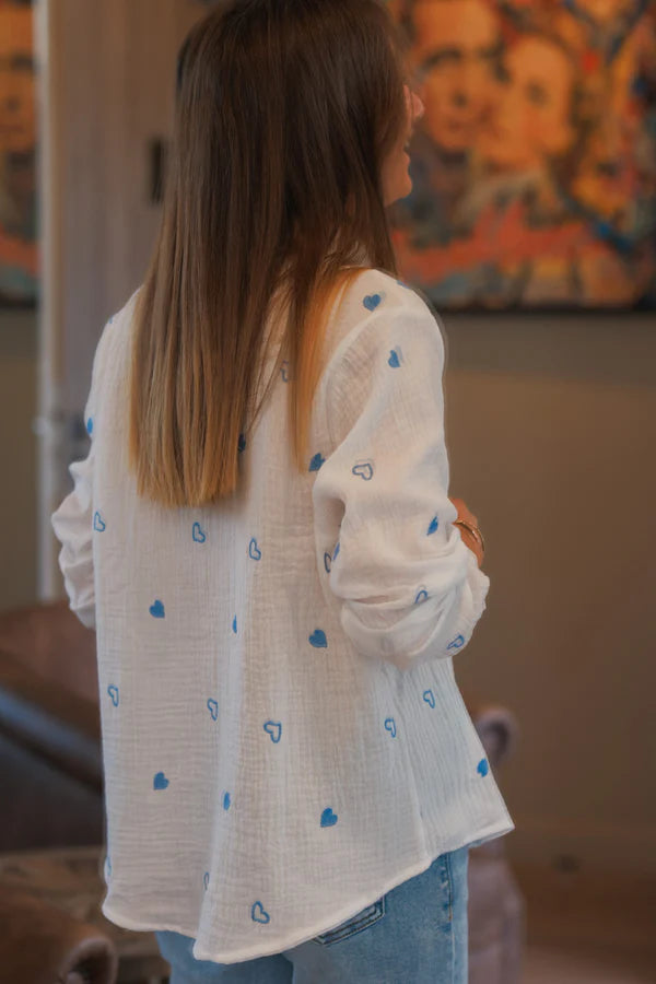 White Cotton Gauze Blue Embroidered Hearts Blouse