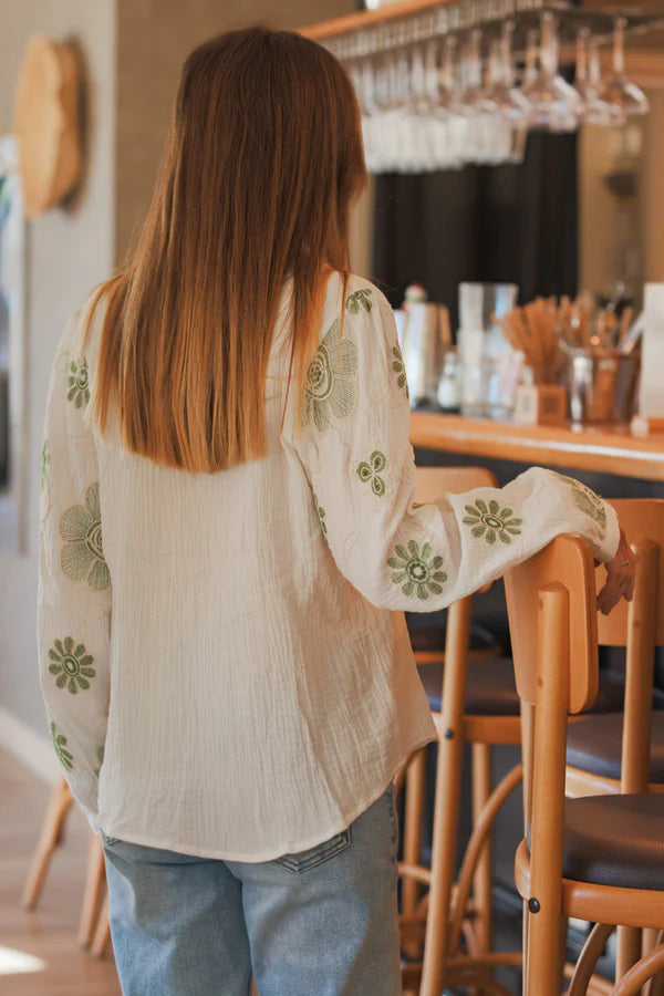 White Cotton Gauze Green Embroidered Flowers Blouse